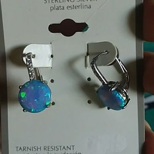 Blue Opal, Cubic Zirconia Sterling Silver Earrings